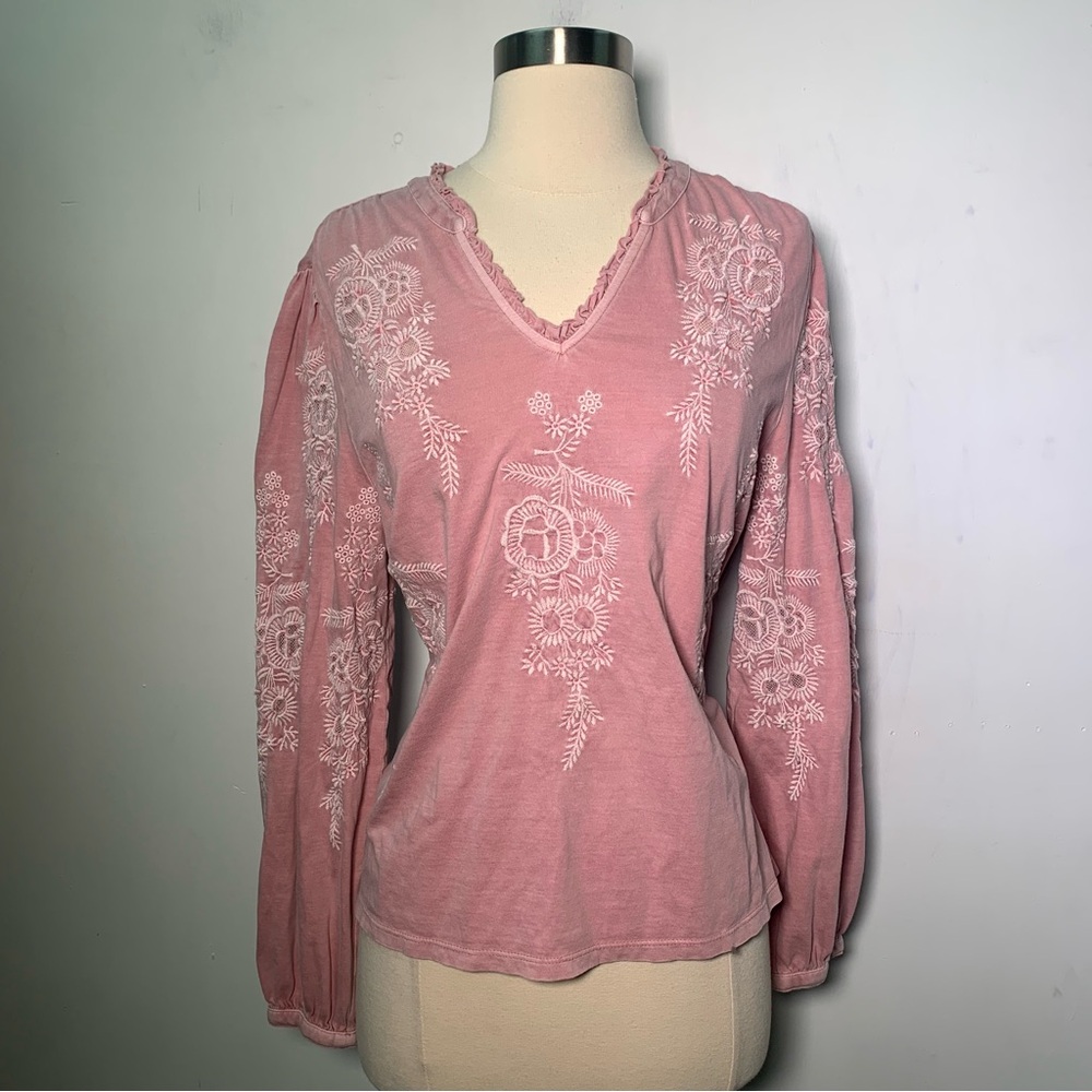 Soft Surrounfings Cotton pink Embroidery Long Sleeve Boho Size M - Picture 2 of 11